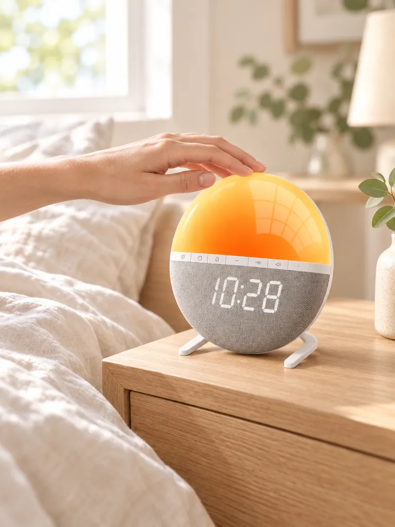 A hand reaching for a glowing sunrise alarm clock on an oak bedside table